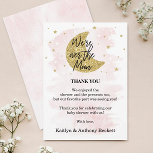 Over The Moon   Girls Baby Shower Dankeskarte