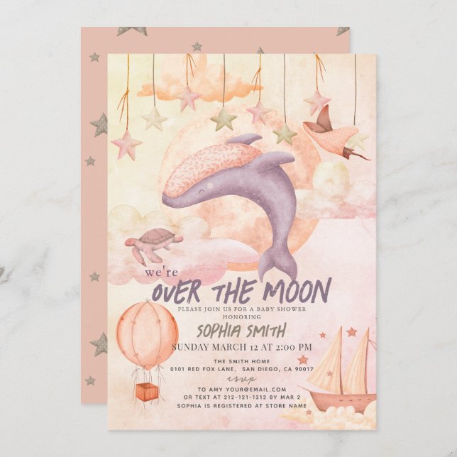 Over the Moon Pink Whale Boho Girl Baby Shower Einladung (Vorne/Hinten)