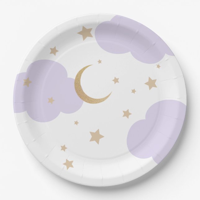 Over the Moon Purple Baby Shower  Pappteller (Vorderseite)