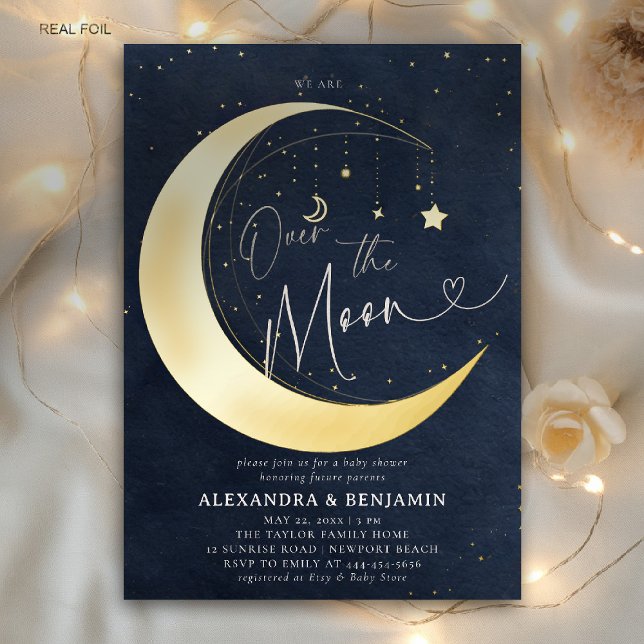 Over the Moon Starry Night Coed Baby Boy Shower Folieneinladung (over the moon baby shower invitation navy gold stars mobile celestial twinkle starry night)
