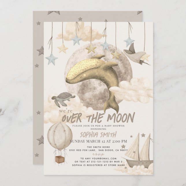 Over the Moon Whale Boho Baby Shower Einladung (Vorne/Hinten)