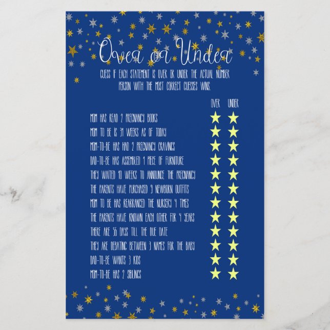 Over Under Little Star Baby Shower Game (Vorderseite)