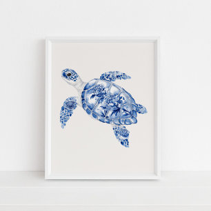 Overhead Sea Turtle - Coastal Blue auf Beige Poster