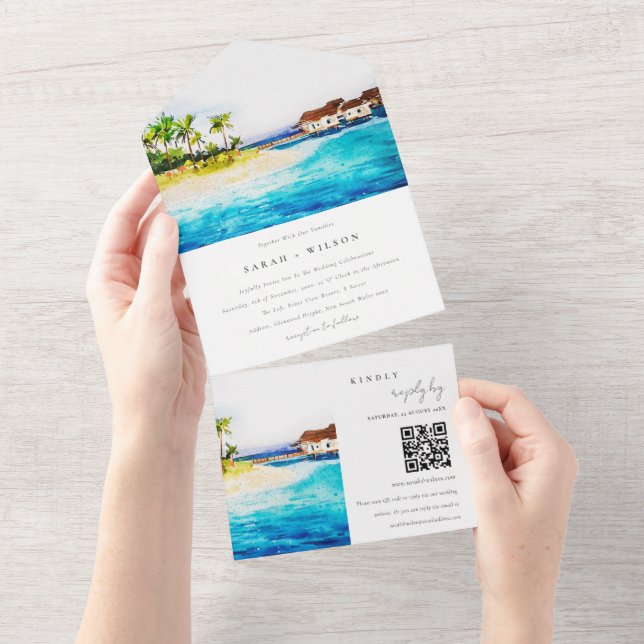 Overwater Villa Seascape Beach Hochzeit QR Code All In One Einladung (Abreißen)