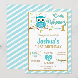 Owl 1. Geburtstag Einladung Boy Turquoise und Gold