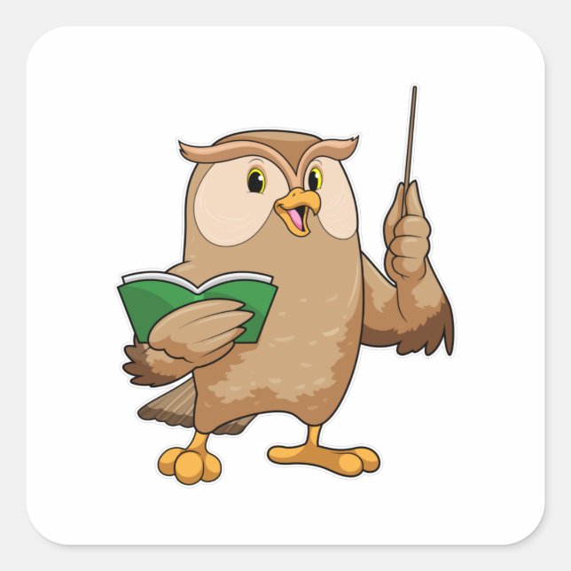 Owl als Lehrer mit Buch & Pointer Quadratischer Aufkleber (Vorderseite)