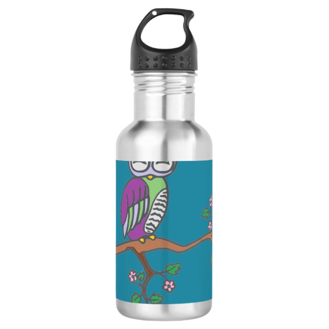 Owl Art Night Blue Edelstahlflasche (Vorderseite)