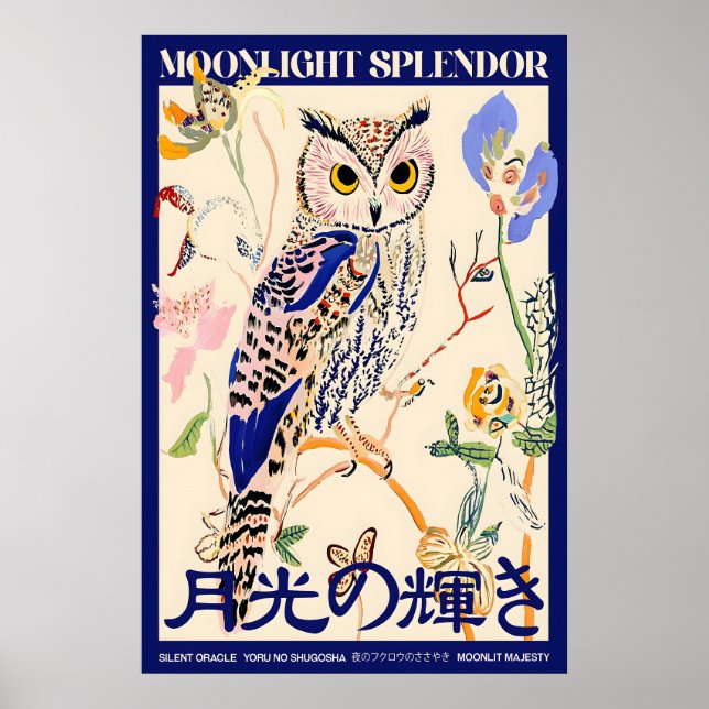 Owl Art Poster Japanese Typography, Moonlight (Vorne)