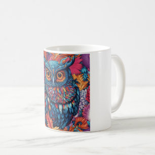 Owl Art Zeichne Blaue Eule und rosa Blume Kaffeetasse
