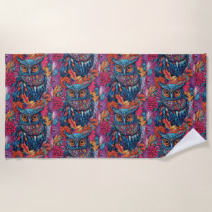 Owl Art Zeichne blaue Eule und rosa Blume. Strandtuch