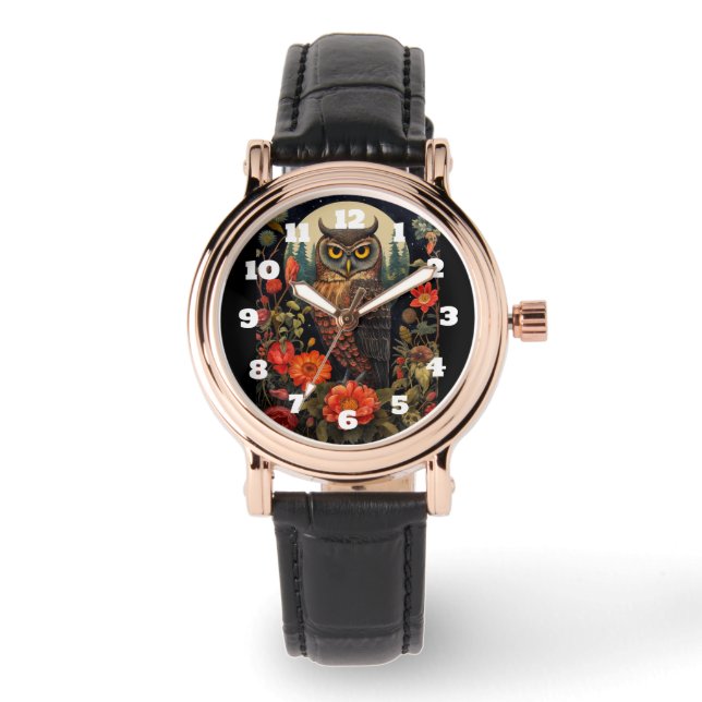 Owl at Night with a Full Moon Armbanduhr (Vorderseite)