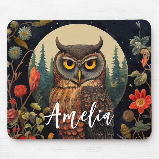 Owl at Night with a Full Moon Mousepad (Vorne)