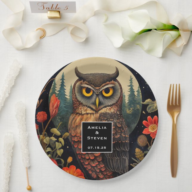 Owl at Night with a Full Moon Pattern Wedding Pappteller (Hochzeit)