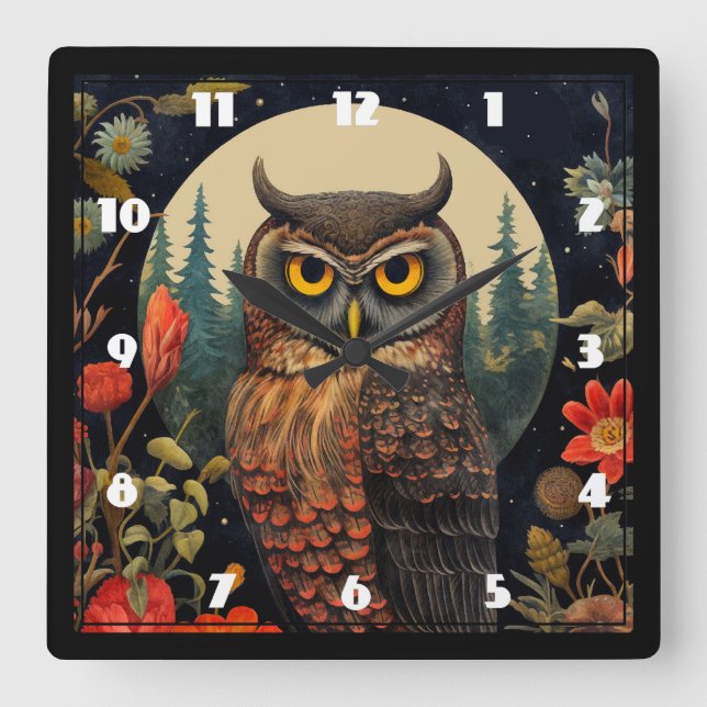 Owl at Night with a Full Moon Quadratische Wanduhr (Vorderseite)