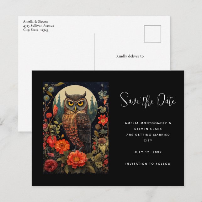 Owl at Night with a Full Moon Wedding Ankündigungspostkarte (Vorne/Hinten)