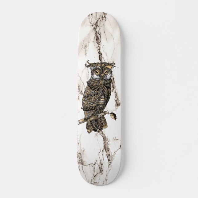 Owl auf braunem Marmor Skateboard (Vorne)