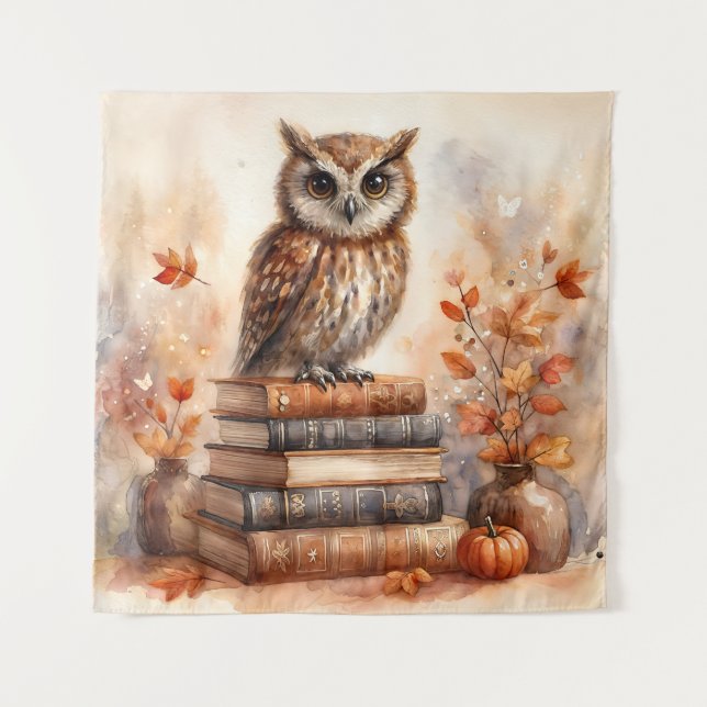 Owl auf der Bühne des Buches Herbst Wandteppich (Vorderseite)