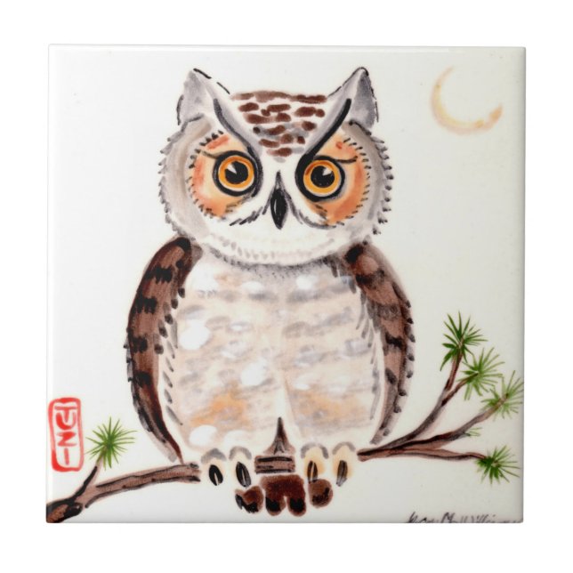 Owl auf Zweig mit Moon Woodland Minimal Art TUZI Fliese (Vorderseite)
