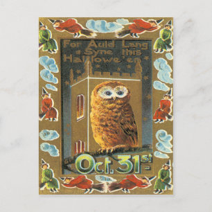 Owl Auld Lang Syne Flying Witch Halloween Postkarte