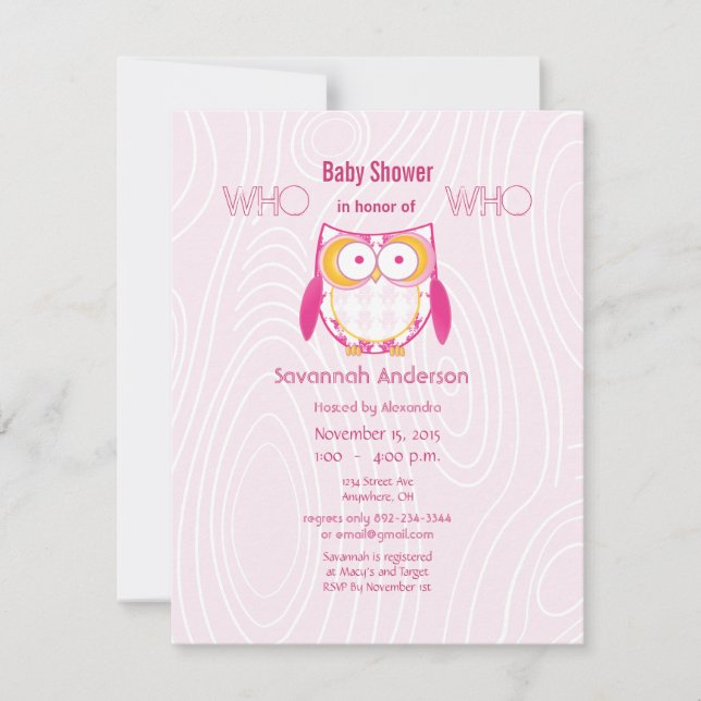 Owl Baby Girl PINK Holzkörbe Muster Dusche Einladung (Vorderseite)