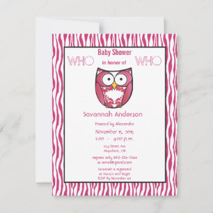 Owl Baby Girl PINK Zebra Stripe Dusche Einladung