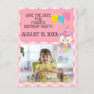 Owl Balloon Pink Gingham Birthday Foto Rett Date Postkarte