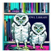 OWL BIBLIOTHEK, zwei Eulen, Bücher