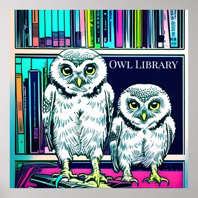 OWL BIBLIOTHEK, zwei Eulen, Bücher Poster (Vorne)