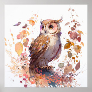 Owl Bird Portrait Animal Painting Wildlife Forest Poster