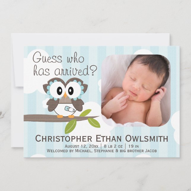 Owl Birth Announcement Boy Ankündigung (Vorderseite)