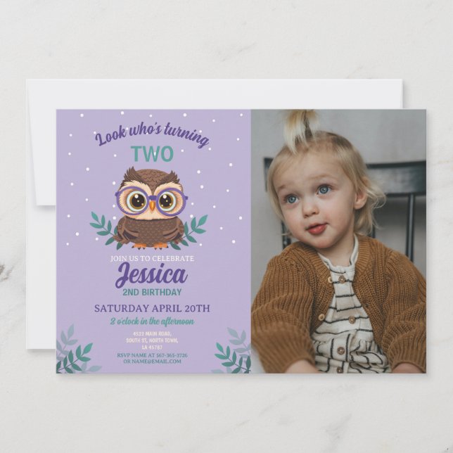 Owl Birthday Girls Hoot Brille Lila Foto Einladung (Vorderseite)