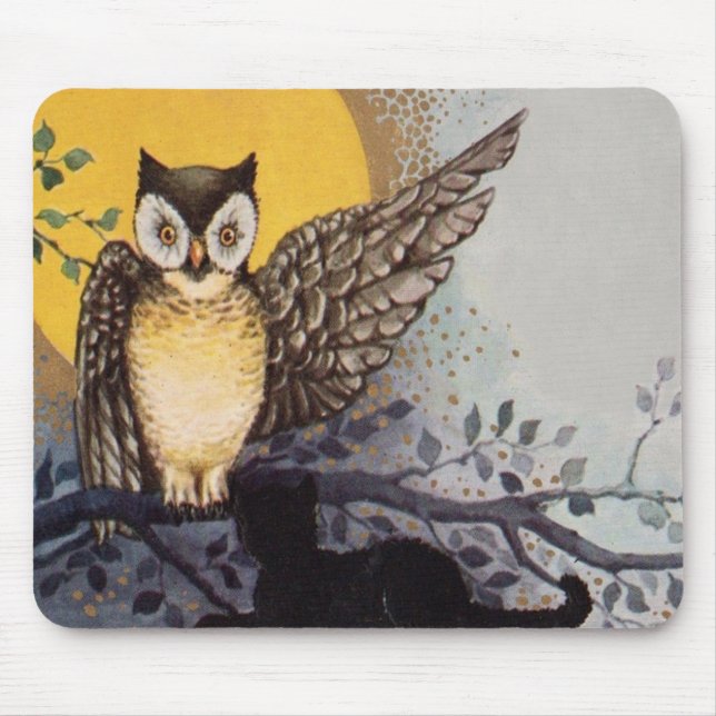 Owl Black Cat Full Moon Tree Night Mousepad (Vorne)