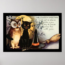 Owl Black Cat Full Moon Witch's Hat Poster