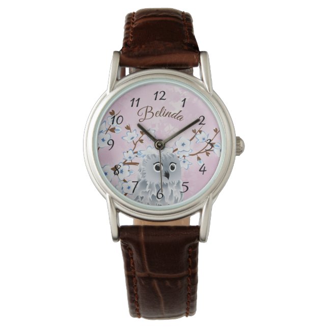 Owl Blue Pink Cherry Blüten Zahlen Monogramm Armbanduhr (Vorderseite)