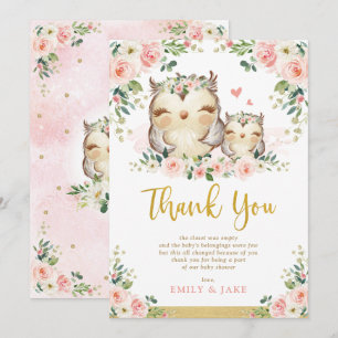 Owl Blush Pink Roses Kinderdusche Danke Karte