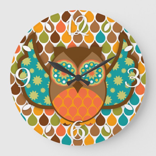 Owl Boheme Brown & Aquamarin Clock Große Wanduhr (Vorderseite)