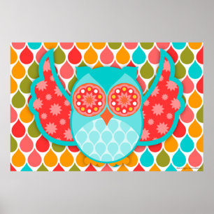 Owl Boheme Red & Aquamarin Art Poster