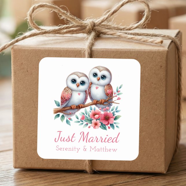 Owl Boho Rustic Country Woodland Just Married Quadratischer Aufkleber (Von Creator hochgeladen)