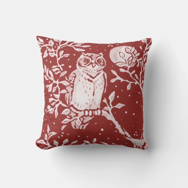 Owl Brick Red Woodland Moon Nature Kissen (Vorderseite)