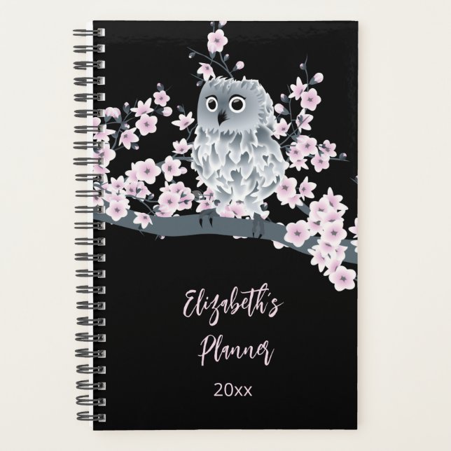 Owl Cherry Blossom Pink Black | Name/Jahr hinzufüg Planer (Vorderseite)