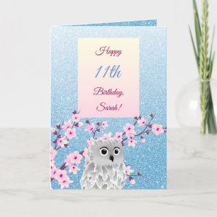 Owl Cherry Blüten Happy Birthday Blue Glitzer Karte