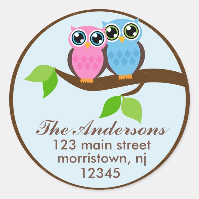 Owl Couple Address Labels Runder Aufkleber (Vorderseite)