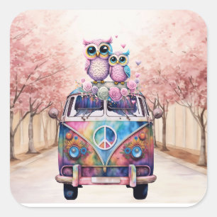 Owl Couple auf einem Hippie Van Quadratischer Aufkleber