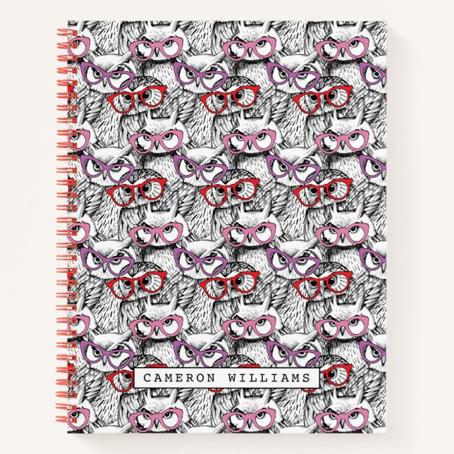 Owl Eyeglasses Pattern | Name hinzufügen Notizbuch (Vorderseite)