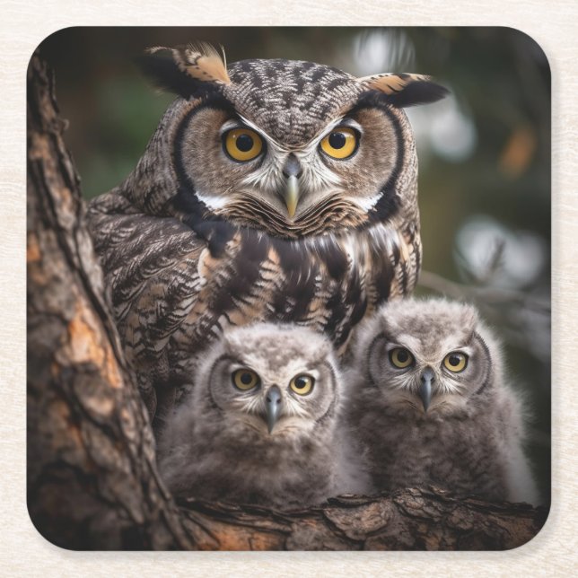 Owl Family Square Paper Untersetzer (Vorderseite)