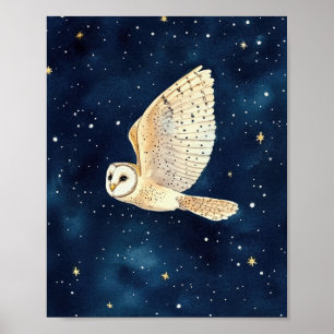Owl Flying Across Starry Night Watercolor Weihnach Poster