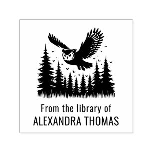 Owl Flying Angled View Fir Trees Library Name Permastempel
