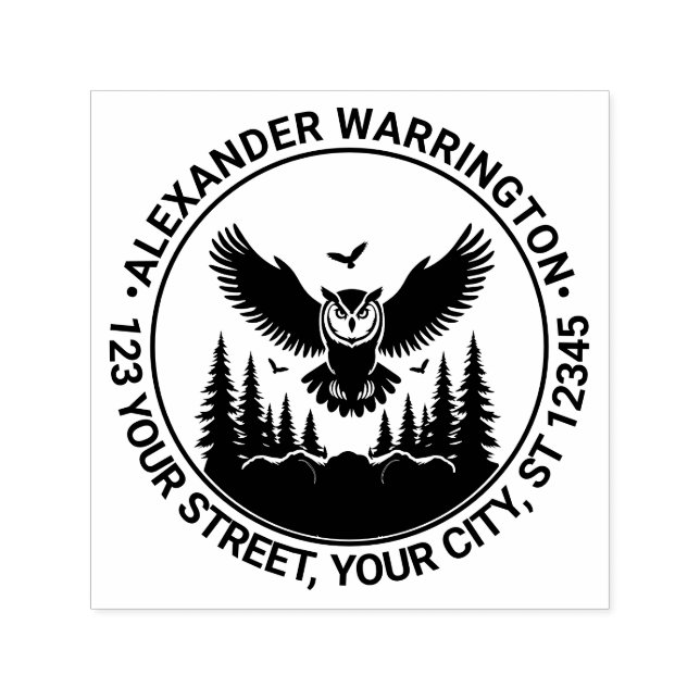 Owl Flying Front View Bretterbaum Name Ret-Adresse Permastempel (Design)