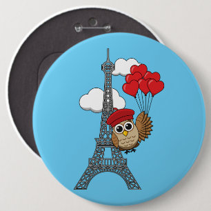 Owl Flying with Heart Balloons in Paris Button