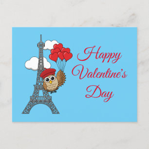 Owl Flying with Heart Balloons in Paris Feiertagspostkarte